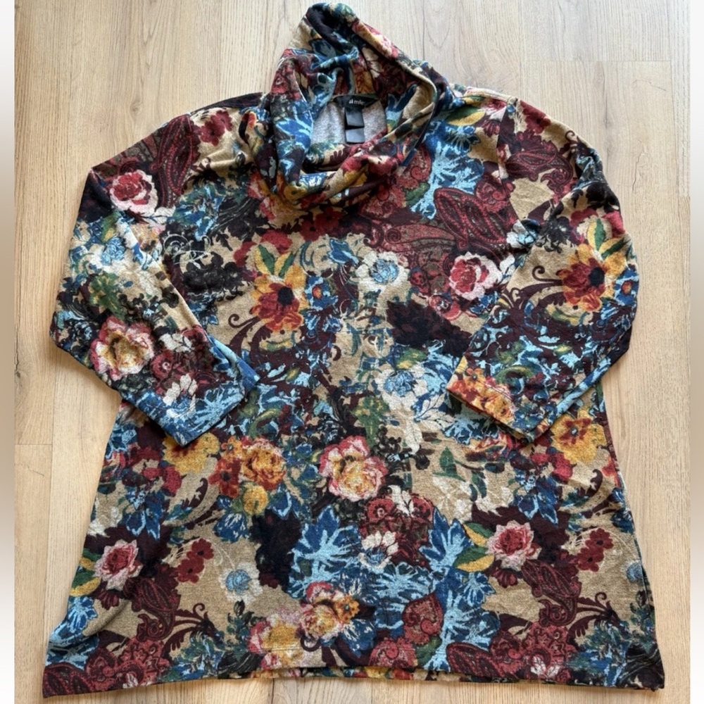 Ali Miles Multicolor Knit Cowl Neck Tunic Art to Wear Floral Artsy Size XL